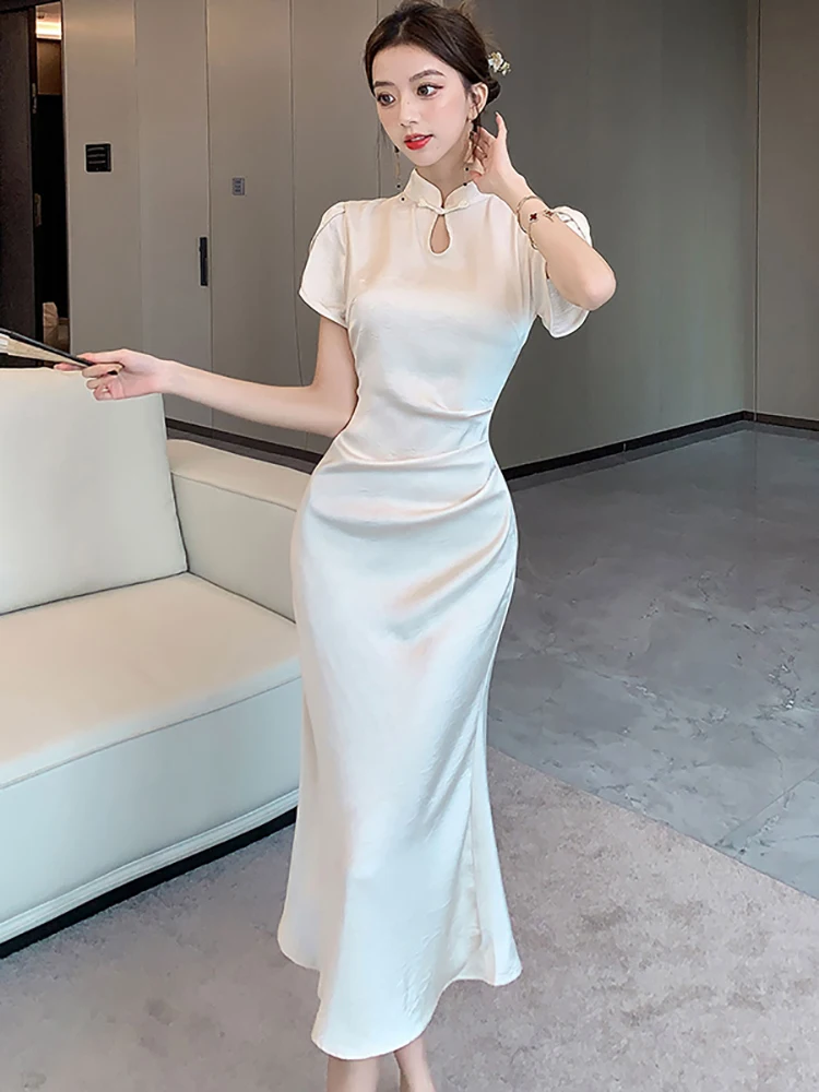 الصيف خلات الساتان الجاكار خمر شيونغسام فستان المرأة أنيقة Bodycon ثوب فاخر 2025 الكورية خمر مهرجان فستان الحفلات #3