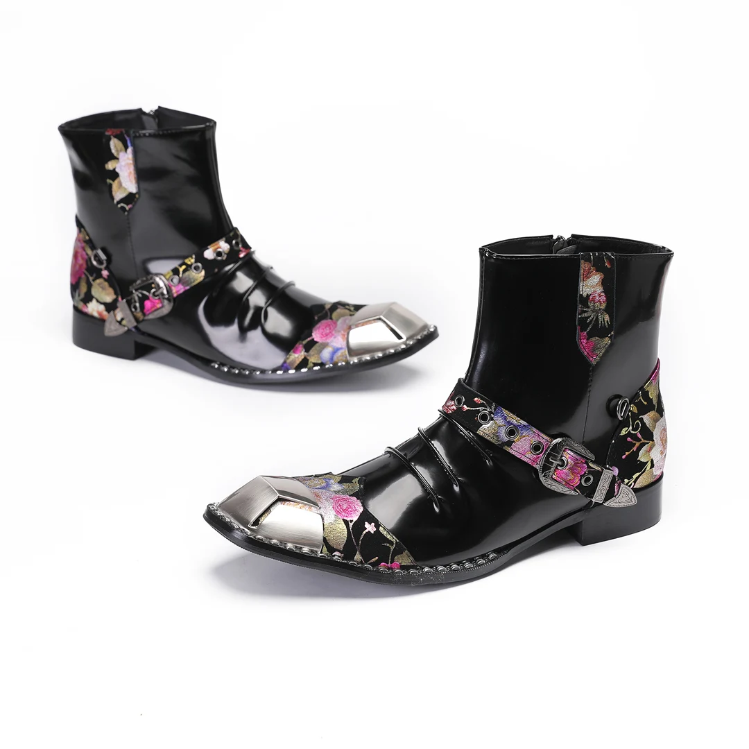 Botas Winter Flower Wedding Party Social Dress Shoes Buckle Motorcycle Ankle Boots Big Size Square Toe Cowboy Men Short Boots