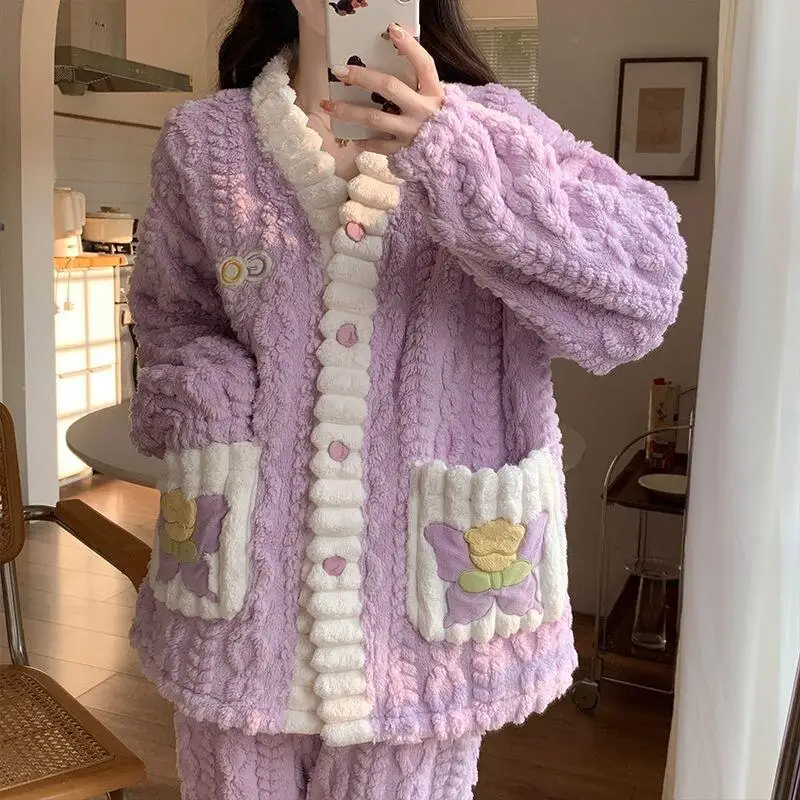 

Утепленный женский пижамный комплект, домашняя одежда, новинка для девочек, фланелевая подкладка из кораллового флиса, осенне-зимняя домашняя одежда, верхняя одежда
