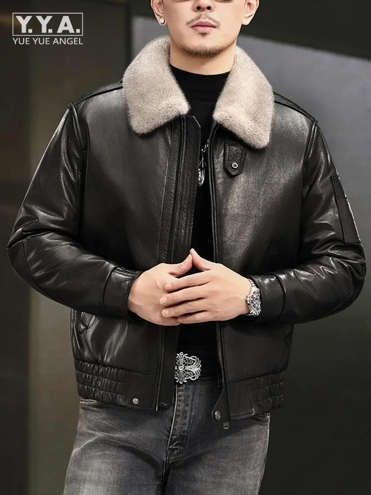 Winter Mens Fashion Overcoat Black Loose Warm Mink Fur Lining Turn Down Fur Collar Sheepskin Genuine Leather Jacket Outwear Coat