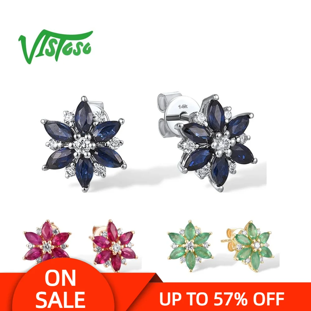 

VISTOSO Gold Earrings For Women Genuine 14K 585 White Yellow Rose Gold Blue Sapphire Emerald Ruby Stud Earrings Fine Jewelry