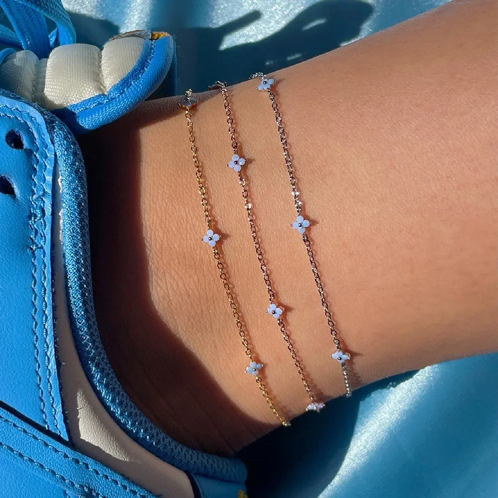 Fresh Blue Flower Women Foot Chain Charm Zircon Exquisite Copper Metal Ankle Bracelet for Women Girls Foot Accessories Jewelry