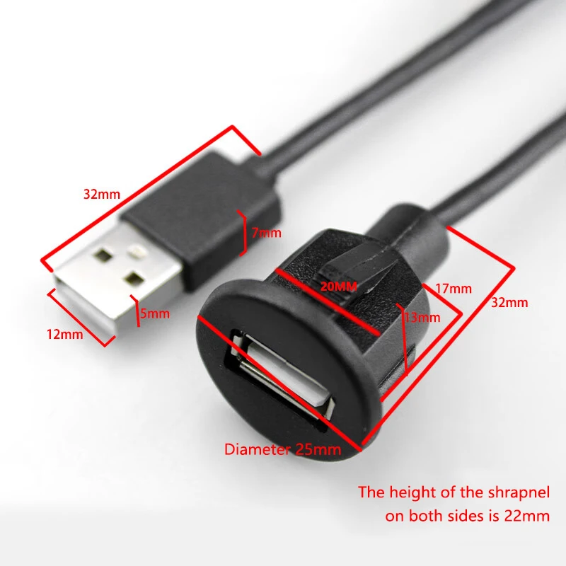 Car Dashboard Flush Mount Line USB 2.0 Port Panel Extension Cable Male to Female Socket Excellent Plastic Adapter
