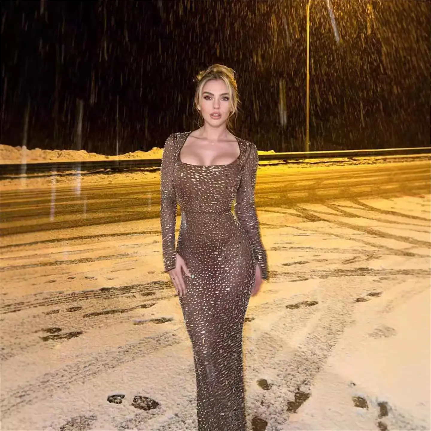 

Сексуальное длинное облегающее платье све Dr Diamond, прозрачное вечернее платье, трансграничное, для тяжелой промышленности, пикантная девушка телесного цвета, прозрачное