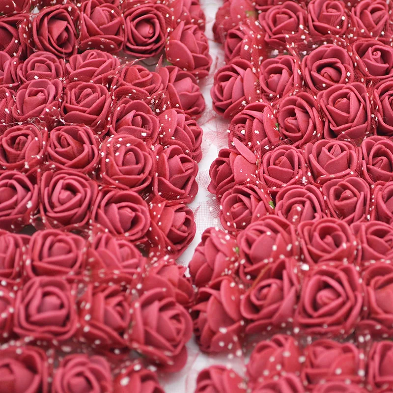 

144pcs 2cm Mini Foam Rose Flower With Yarn Artificial Flower Decorative Teddy Bear Rose For Wedding Decor DIY Wreath Fake Flower