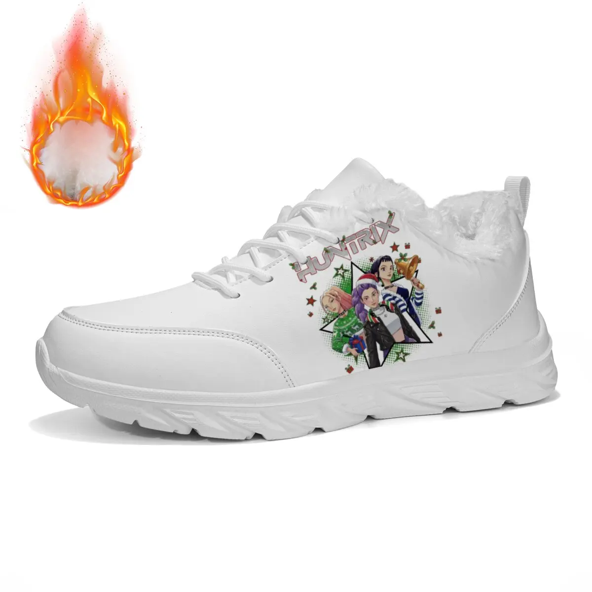 

Flats Women Cotton Shoes White Fur-Lined Sneakers with Anime Christmas Characters Design Winter Warm Slip On Loafers Female