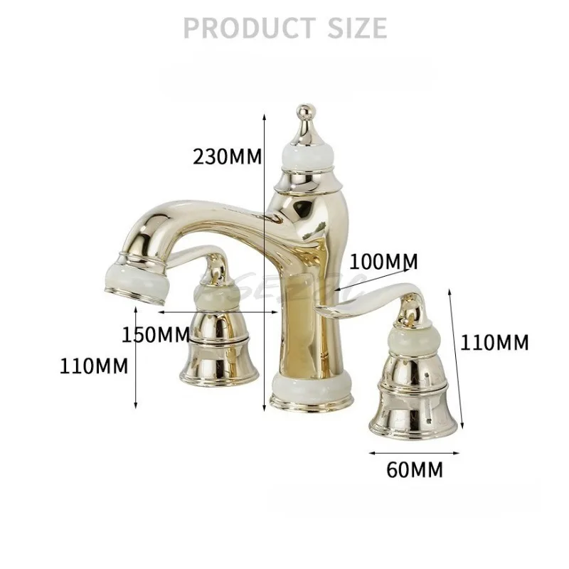 Full Copper European Jade Zirconium Gold Three Hole Split Type Faucet Bathroom Dual Handle Basin Bathtub Hot and Cold Faucet