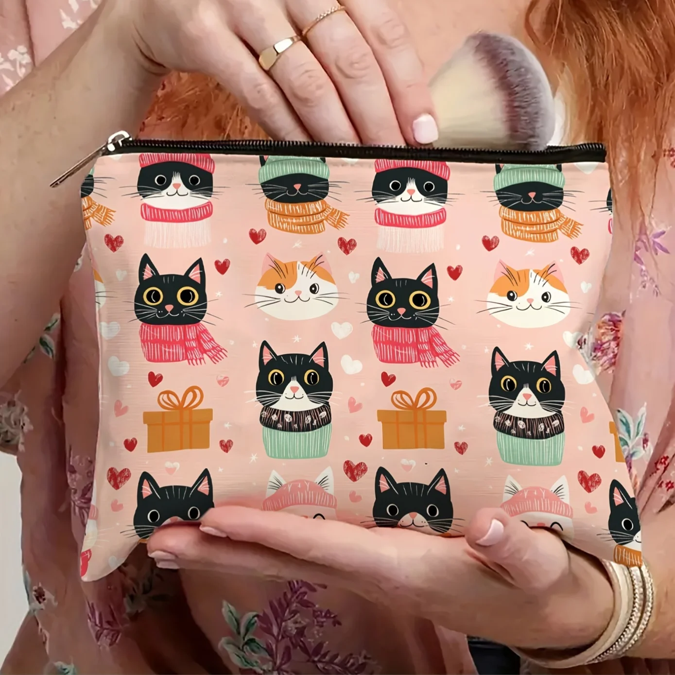 Borsa per il trucco con motivo sciarpa per il viso di gatto ACute: custodia multifunzionale con cerniera, borsa per riporre gioielli, piccolo contenitore con cerniera da viaggio perfetto