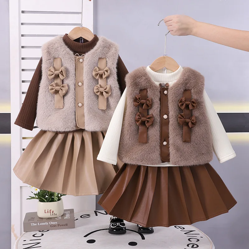 

Girls Thick Dress Clothes Sets Winter Children Fur Velvet Vest T-shirts Skirts 3pcs Fashion Warm Suit For Baby Outfits Kids 4 5Y