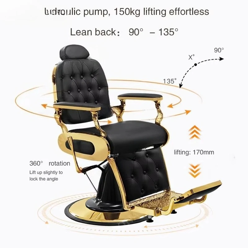 Hair Salon Furniture Black Gold Metal Round Base Vintage Retro Baber Styling Chairs