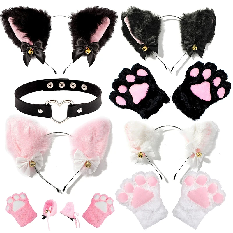 Cat Ear Maid Gloves Cosplay Costume Set Ear Plush Headband Hair Band Bowknot Bells Hair Clips Paws Anime Props Hair Accessory