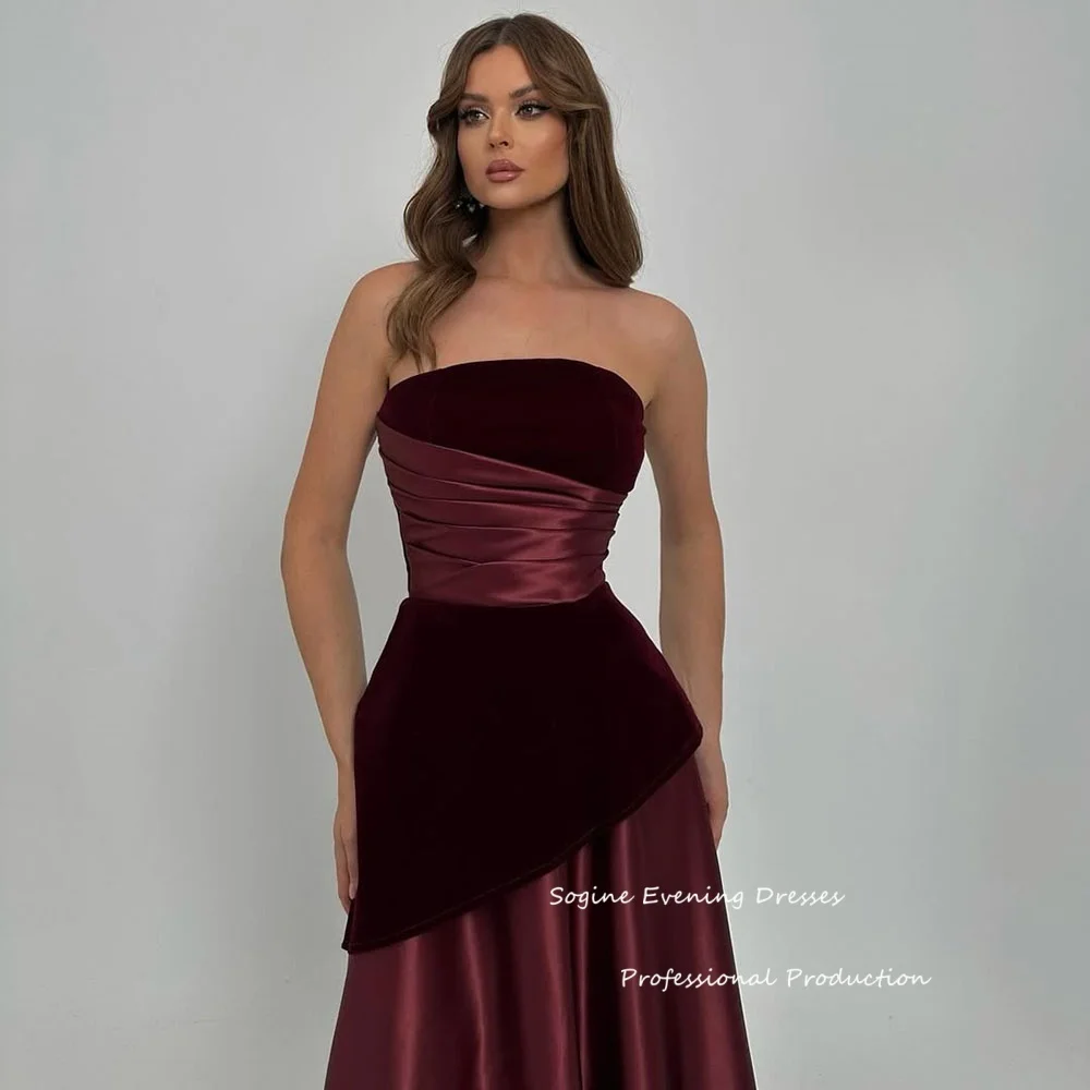 Op maat gemaakte strapless avondjurken Ruches fluwelen-satijn Formele فسات Mohamedшу Gedrapeerde Empire Taille Galajurk voor dames