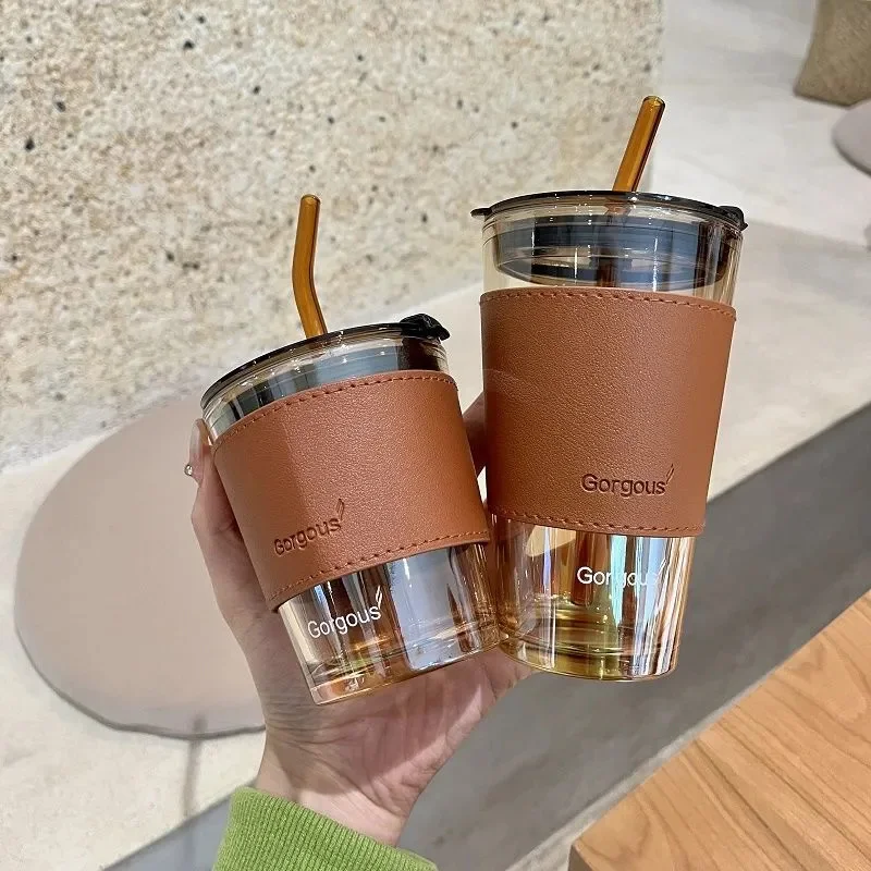 350/450ml Coffee Straw Cup With Lid Heat-Resistant Water Bottle Beer Drinkware Coffee Mug With Straw Deer Printed Leather Glass