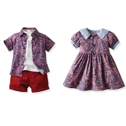 Baby Newborn Brother and Sister Matching Clothing Outfits Floral Print Kids Boys formal Shorts Set Girls Princess Dresses