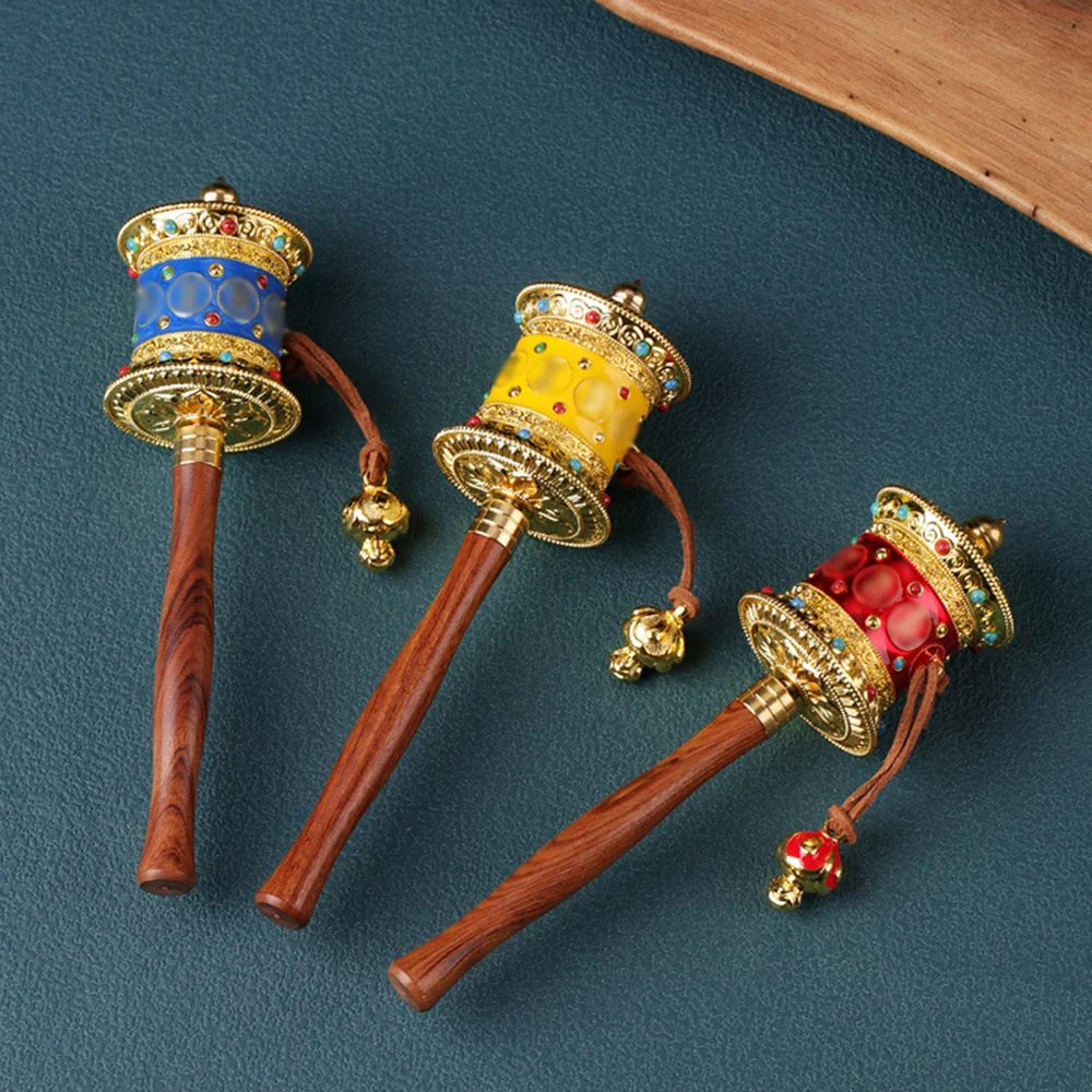 Mini rueda de oración de manivela, rueda de Sutra Mantra Sutra de mano tibetana de seis caracteres, artesanía de aleación, ocho adornos auspiciosos