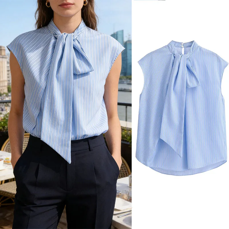 

2026 Spring New Style Light Blue Striped Sleeveless Pullover Top Bow Decoration Casual Fashion Unique Women's Shirt
