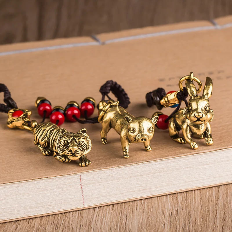 Латунный-зодиакальный-конь-бык-тигр-и-курица-автомобильный-брелок-со-знаком-зодиака-кулон-кулон-пять-императоров-деньги-ювелирные-изделия-ремешок