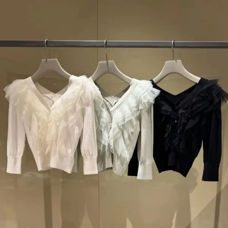 

Single Breasted Elegant Ruffles Cardigan V-Neck Long Sleeve Outerwears 2025 New Japan Knitted Sweater Women Clothing Cardigans