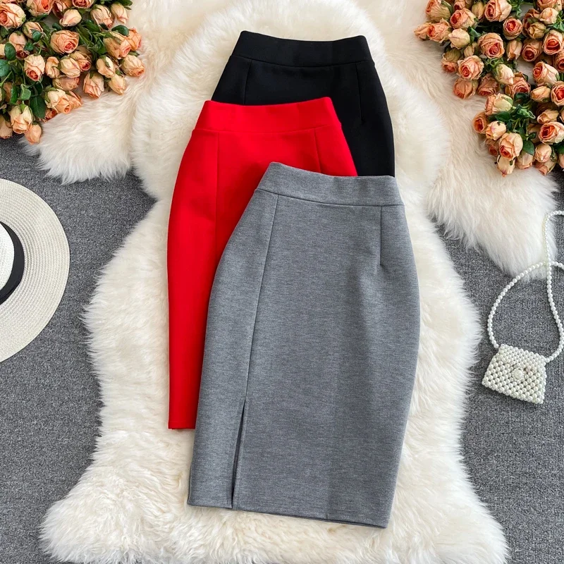 

Mini High Waisted Midi Skirt for Women OL Professional Temperament Slimming Side Slit Hip Hugging A-line Skirt Autumn A166