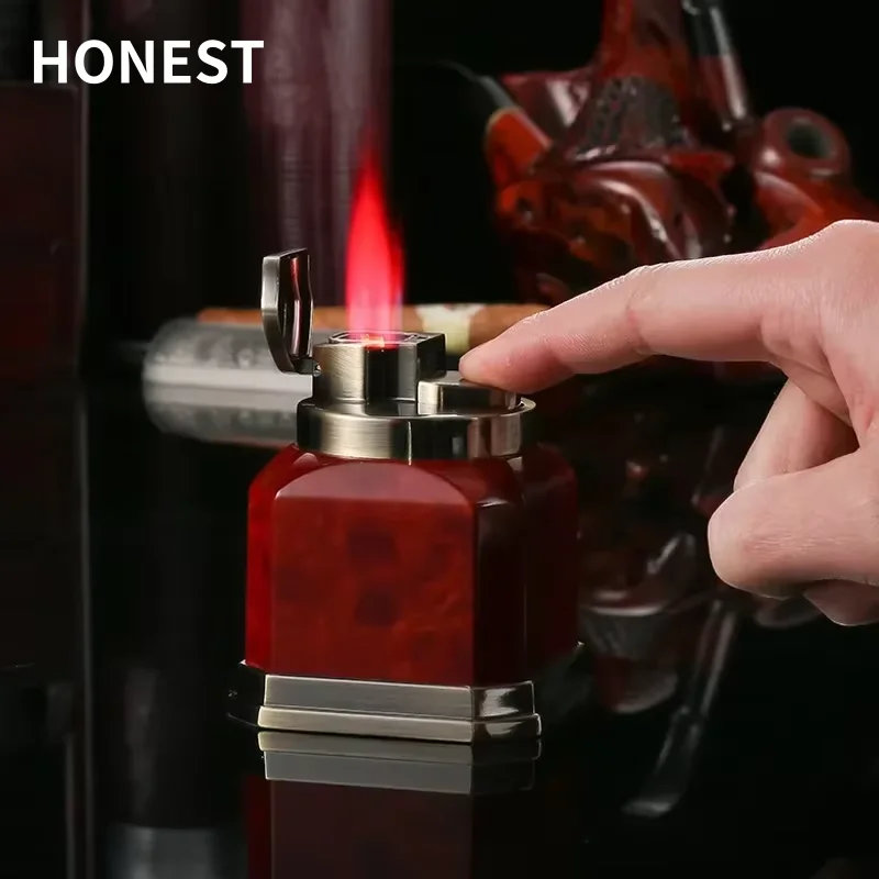 HONEST Desktop 4-Straight Jet Red Flame Butane Gas Torch Lighter One Click Ignition High end Business Cigar Lighters Accessories