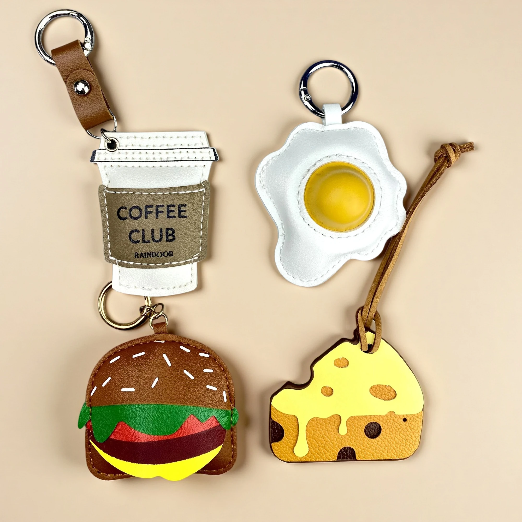 Adorable PU Leather Food Keychain, Cute Coffee Cup, Burger, Cheese Slice & Fried Egg Pendant, Realistic Breakfast Charm, Gift