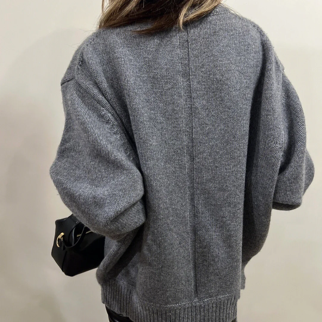 Simple Thick Crew Neck Pullover Custom-dyed Double Layered Collar Grey Navy Wool Cashmere Blend Knit Sweater for Women