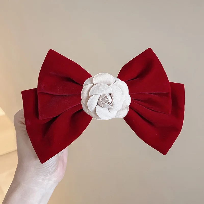 خمر المخملية Bowknot توك شعر أحمر مخملي كبير القوس دبوس الشعر مشبك علوي أنيق ذيل حصان كبير الانحناء إكسسوارات الشعر
