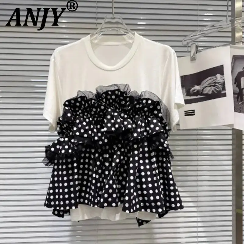 

ANJY Summer New Women Sweet Cool Hot Girl Polka Dot Contrast Color Design Short Sleeve T-shirt Trendy Fashion Casual Tops A23411