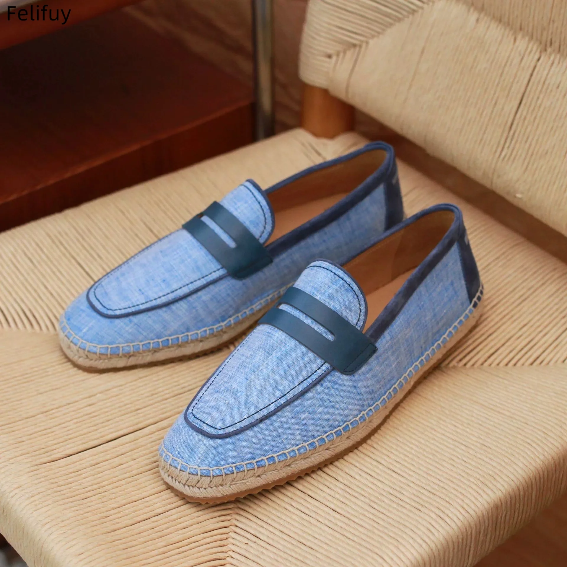 

Blue Vintage Boat Sping Shoes Summer Low-top British Linen Straw Lace-up American Style Genuine Leather Casual Fisherman Shoes