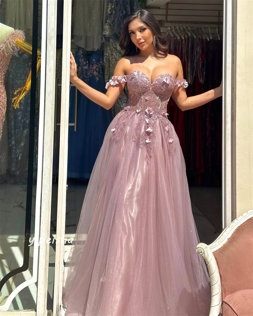 Jiayigong Organza Lovertjes Applique Gedrapeerde Party A-Line Off-The-Shoulder Op Maat Gemaakte Gelegenheidsjurk Lange Jurken