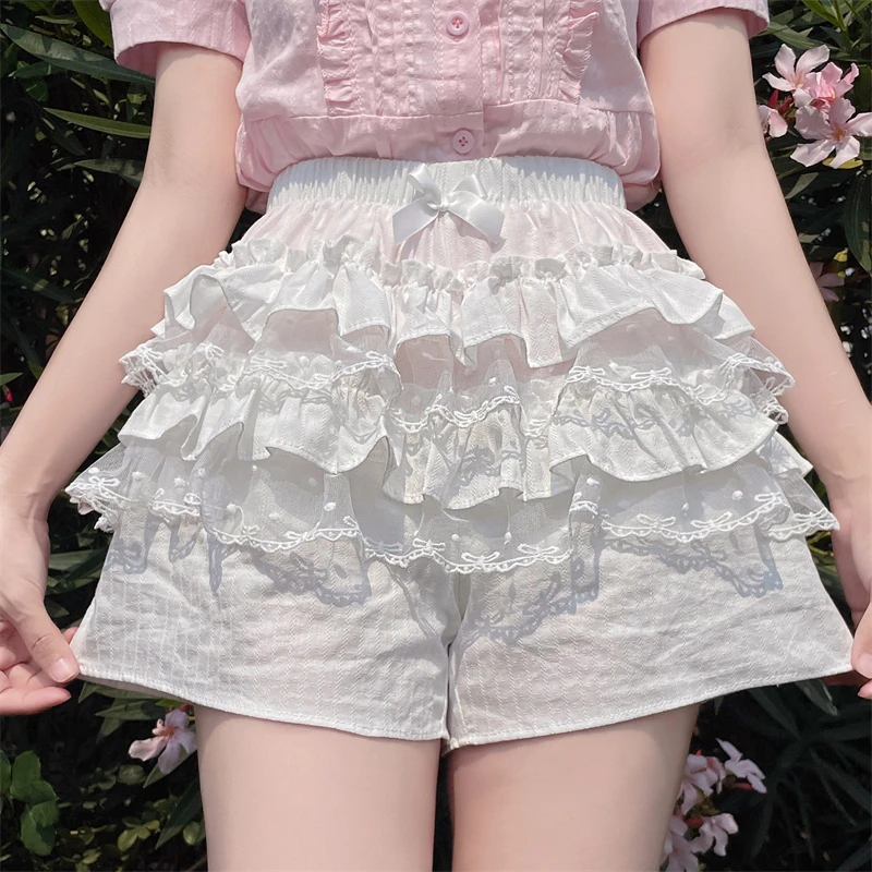 New Japanese Soft Girl Y2k Shorts Lolita Fluffy Cotton Lace Cake Leggings Versatile Skirt Women's Black High-waisted Short Pants