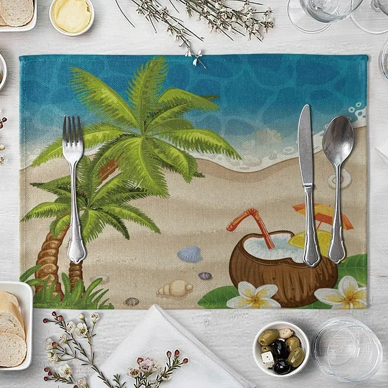 Table Mats for Dining  Seaside Beach Pattern  Placemat Coconut Tree Linen      Kitchen