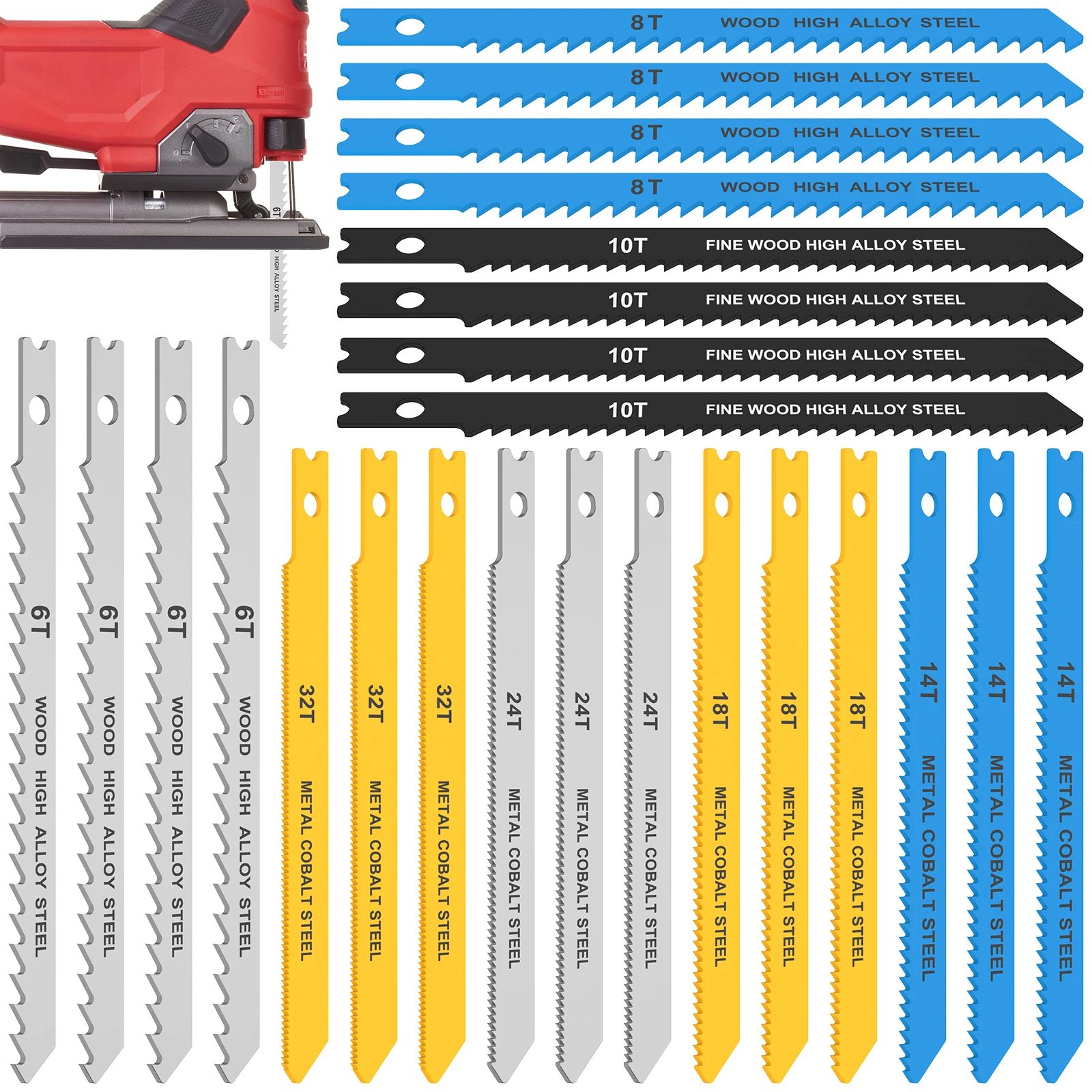 24Pcs Jig Saw Blade Set High Carbon Steel Assorted Saw Blades with U-shank Fast Cut Down Jigsaw Blade Woodworking Tool