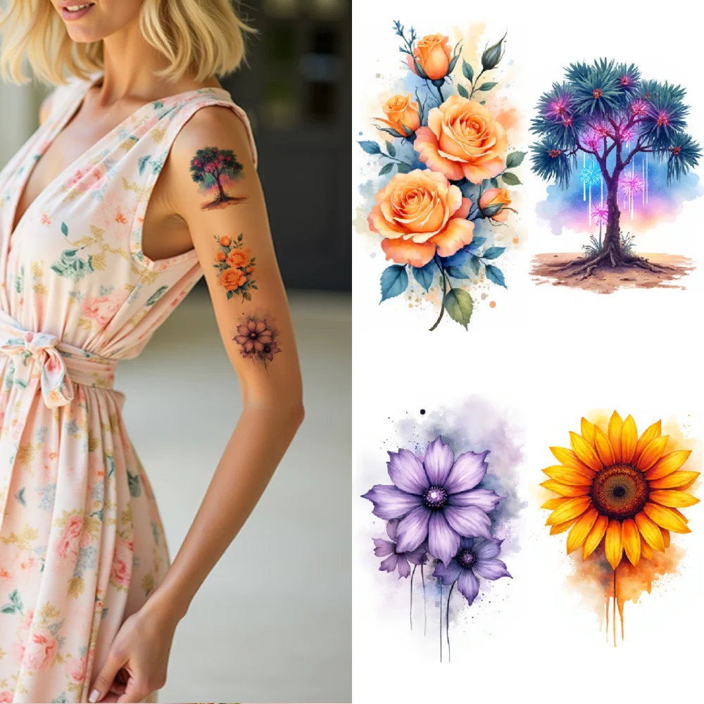 

9pcs Temporary Tattoo Waterproof Long-lasting Body Stickers Lotus Flower Cactus Sunflower For Cheeks Girls Children