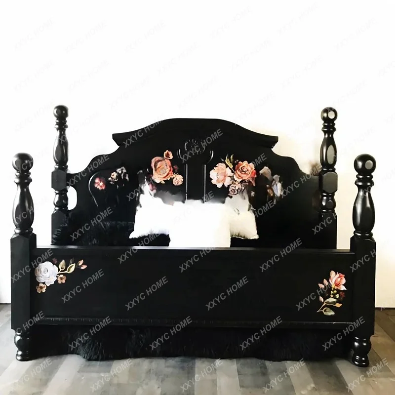 Rustic retro solid wood  carved black double  villa 1.8 meters large  hand-painted princess bed