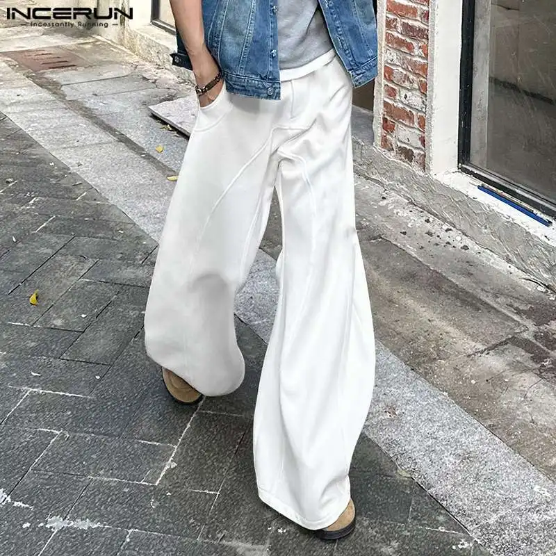 

INCERUN 2024 Korean Style Trousers Men's Loose Split Line Design Wide Leg Pantalons Fashion Streetwear Solid Flared Pants S-5XL