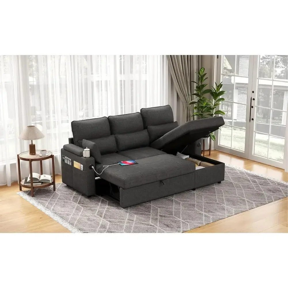 

Sectional Sleeper Soa with Pull Out Couch Bed, with Storage Chaise or Living Room, Comy Linen ular Sectional Soa with Dual USB &