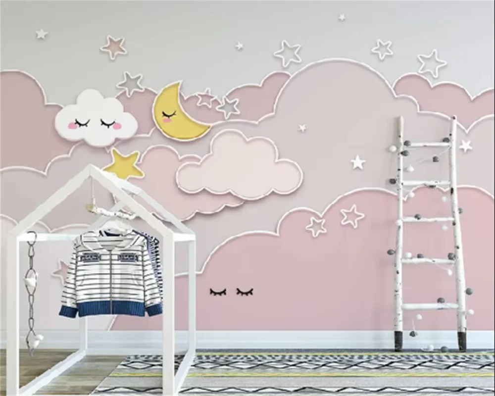 

Custom wallpaper Nordic ins hand-painted pink three-dimensional starry sky clouds whole house children's background wall mural