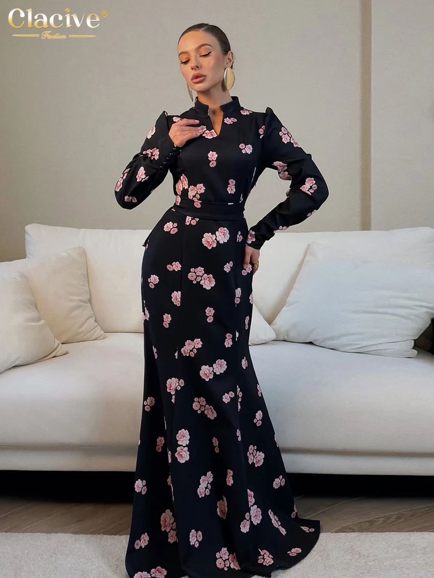 

Clacive Fashion Slim Print Women Dress 2026 Spring Stand Collar Long Sleeve Maxi Dresses Elegant Classic Female Dress Streetwear