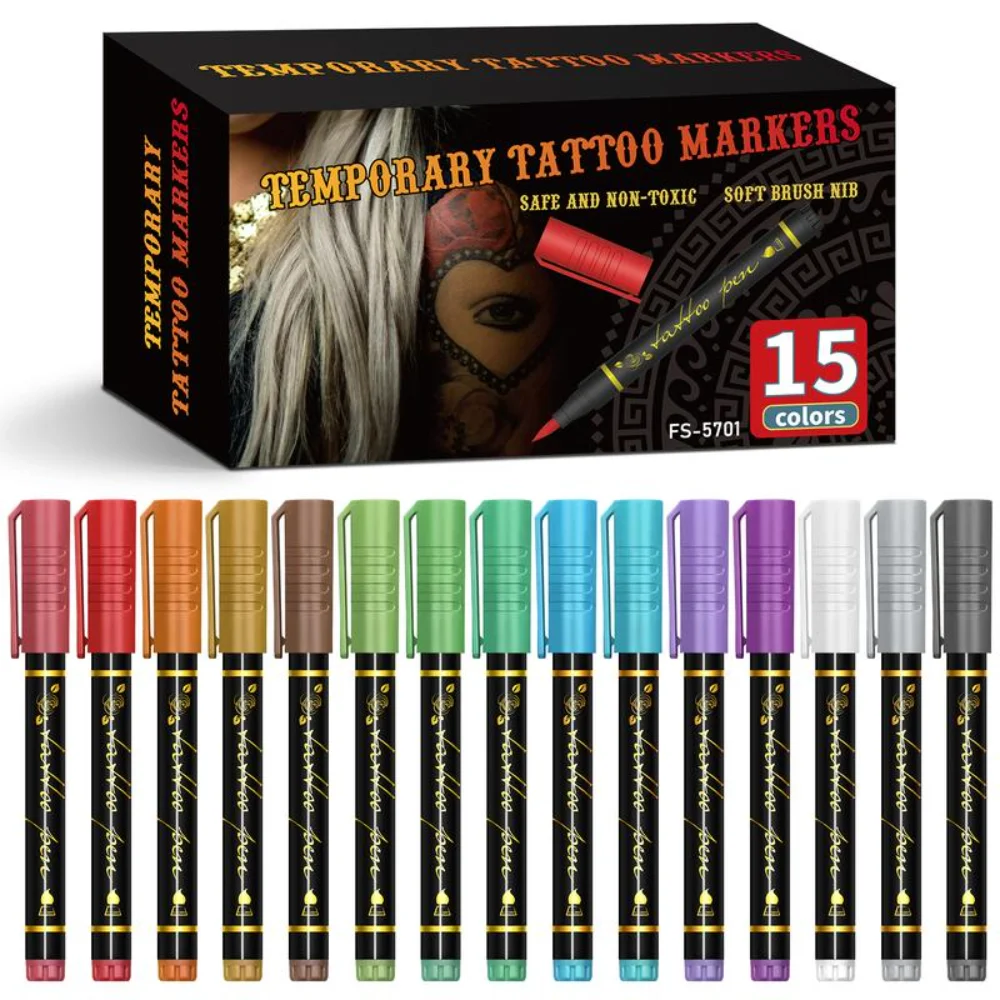 

15-Count Temporary Tattoo Pens for Skin, Flexible Brush Tip Bright Body Markers, Washable Face Paint Kit for Halloween Makeup &
