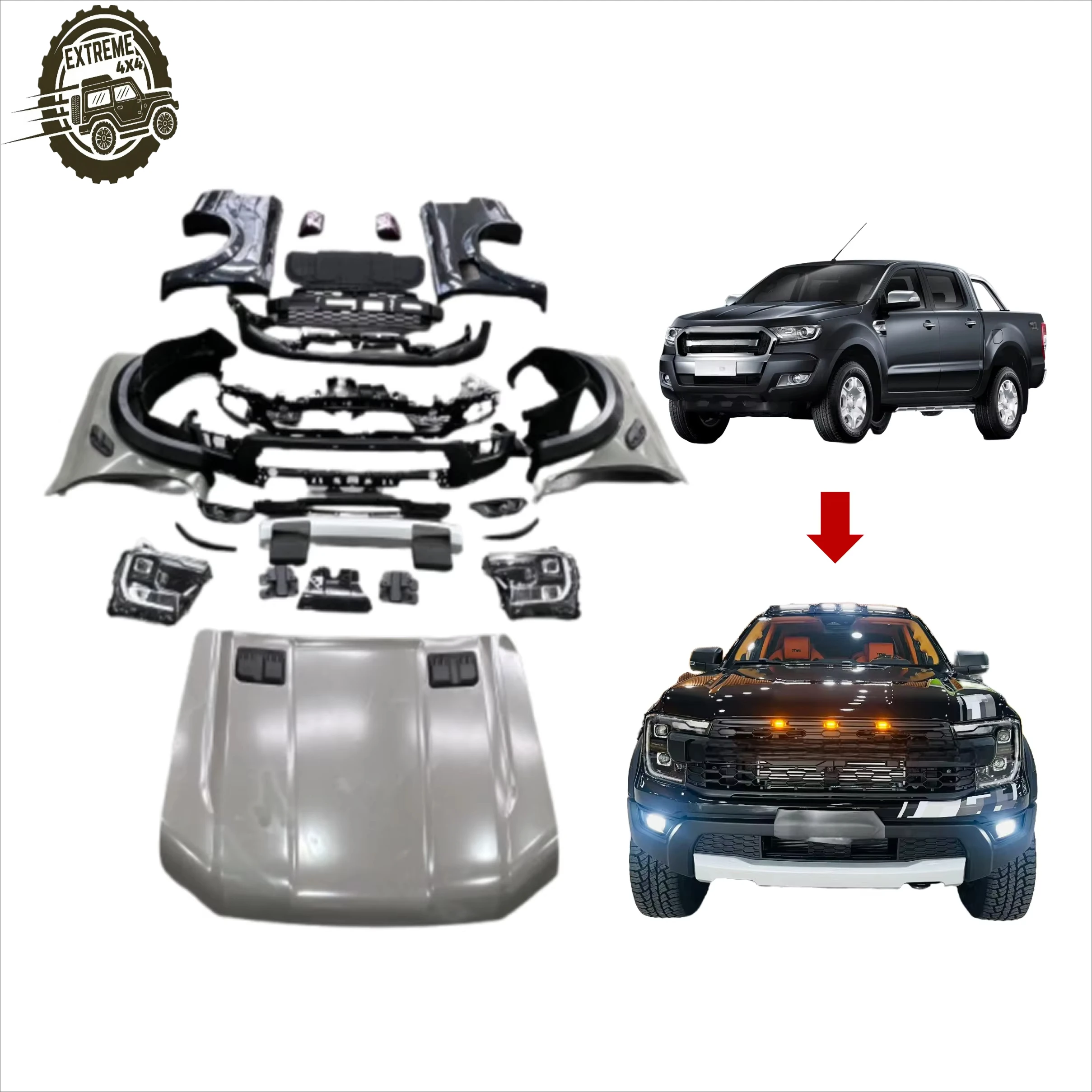 

Новинка: Комплект обвеса для Ford Ranger 2012-2019 (T6, T7, T8) — обновление до стиля Ranger Raptor 2025, аксессуары T9, светодиодные фары 2025, капот