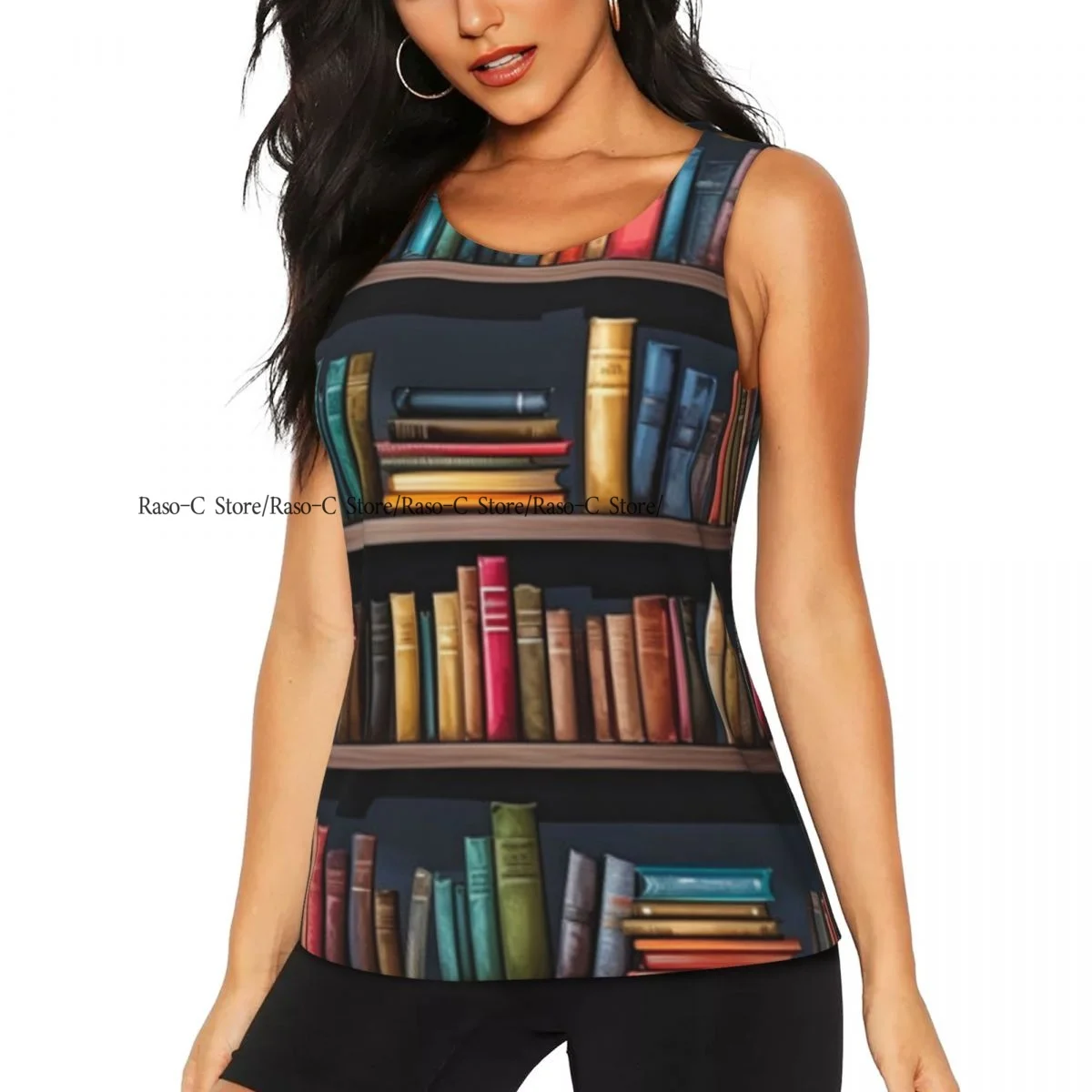 Women's Sleeveless Yoga Tank Top Bookshelf Filled With Various Books Quick Dry Running Training Sports Vest Yoga Shirts