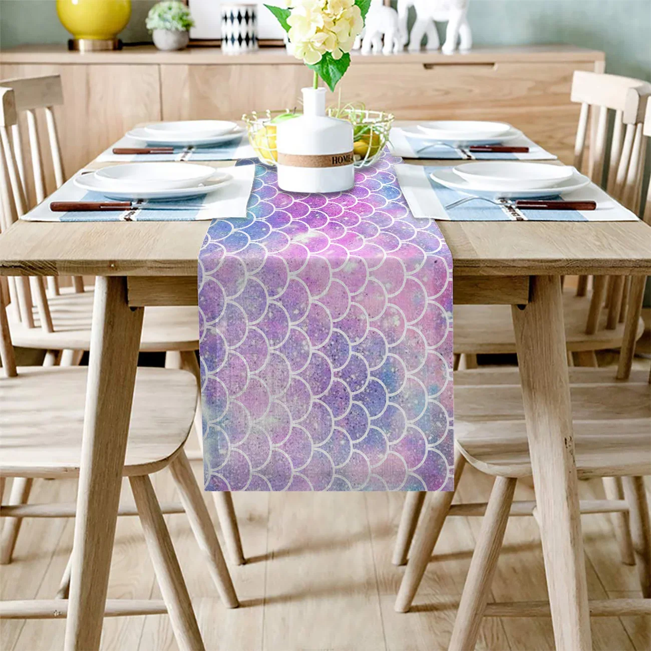 Mermaid Scales Colorful Linen Table Runners Kitchen Table Decoration Accessories Dining Table Runner Wedding Party Supplies