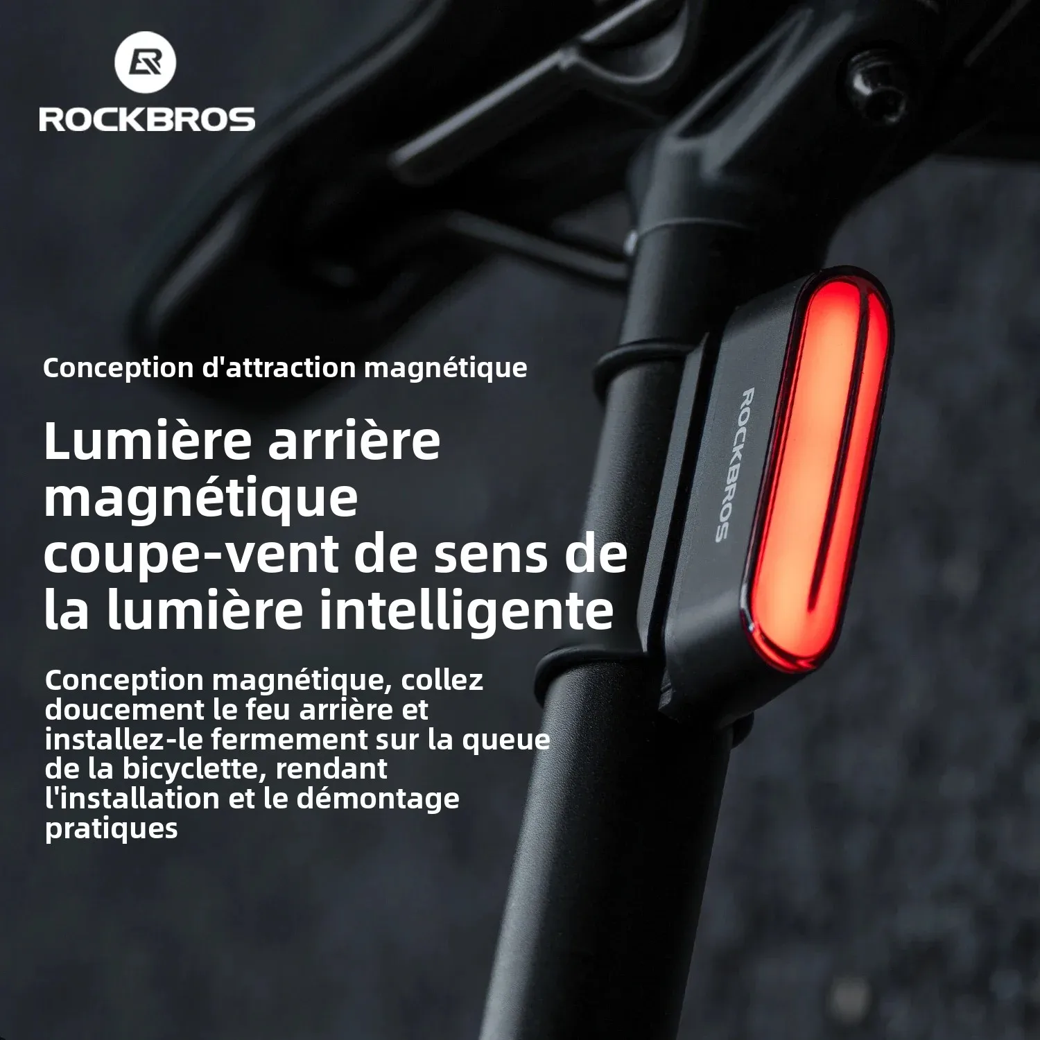 ROCKBROS feu arrière de vélo magnétique type-c 7 modes feu arrière de vélo LED Rechargeable pour la conduite de nuit capteur de frein Intelligent