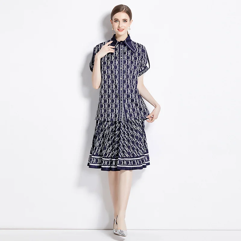 CH Womens Pleated Waist Midi Shirt Dress CHCH Letter Print Short Sleeve Button Down Elegant Fashion