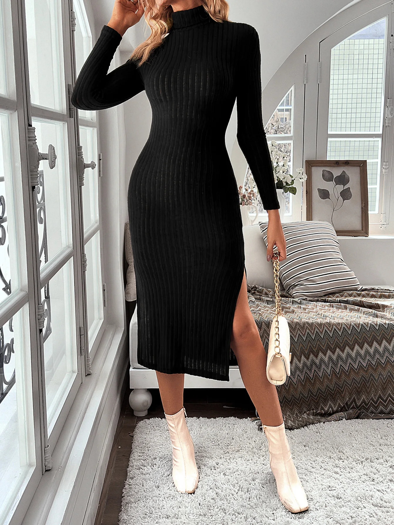 Women 2024 Fall And Winter Fashion Casual Long Sleeve Dress High Neck Side Slit Knitted Striped Texture Solid Color Long Dress