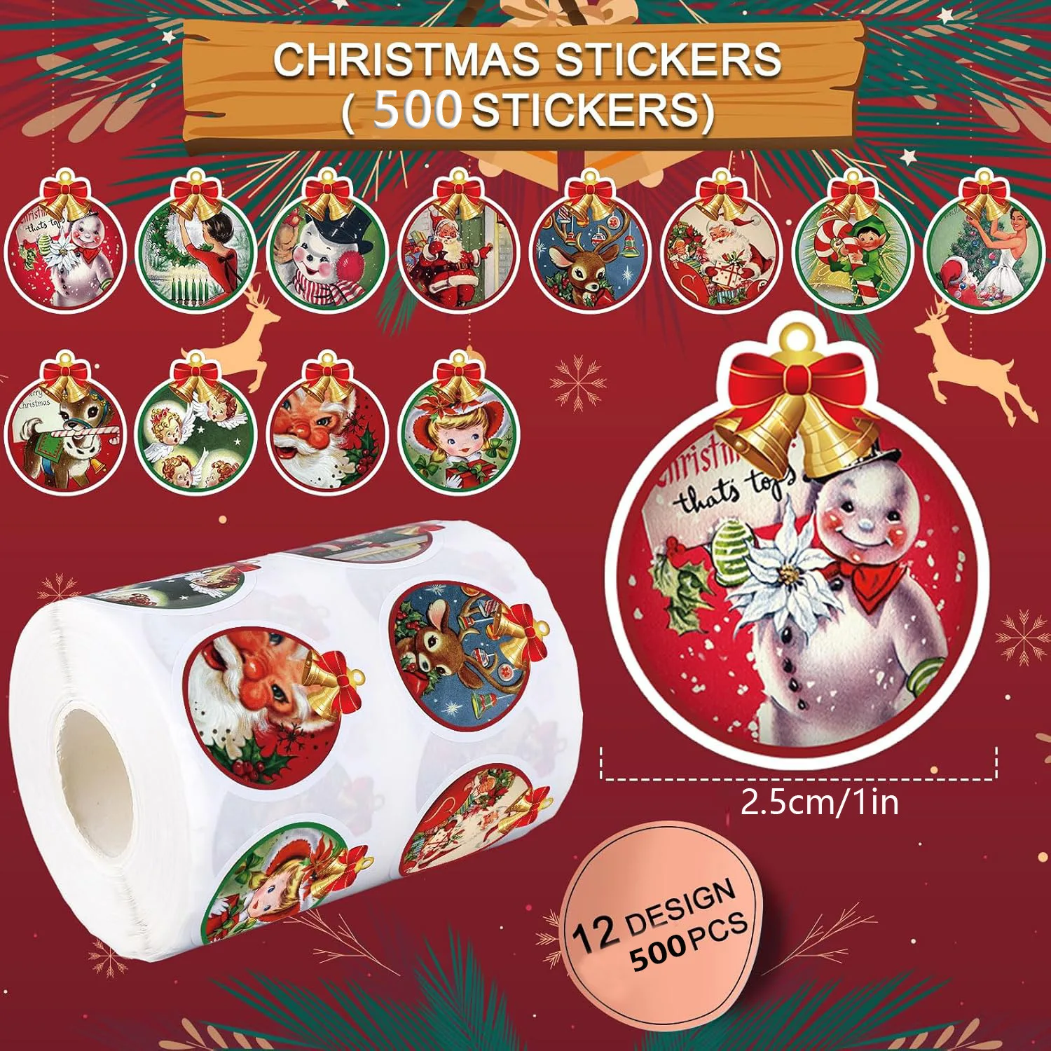 500 Pcs Christmas Holiday Sticker Roll 12 Designs 1 Inch Xmas Seals for Envelopes Gift Wrap Party Favors Water Bottles Scrapbook