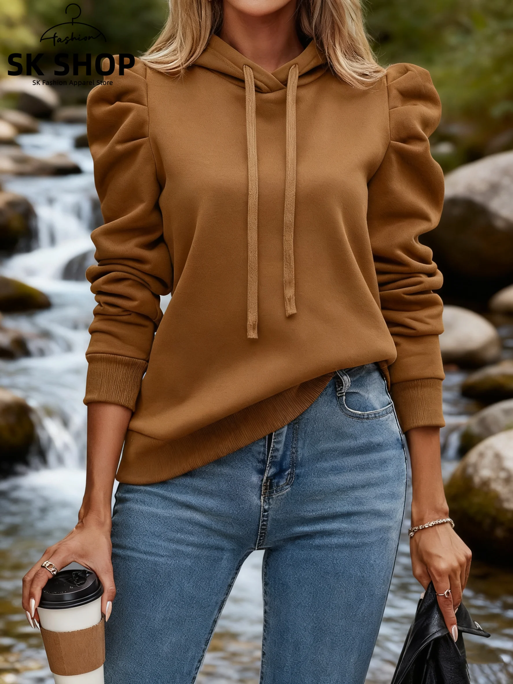 Damska modna bluza z kapturem, długi rękaw, kołnierzyk, kolorowa, codzienna, wygodna odzież uliczna na jesień i zimę.