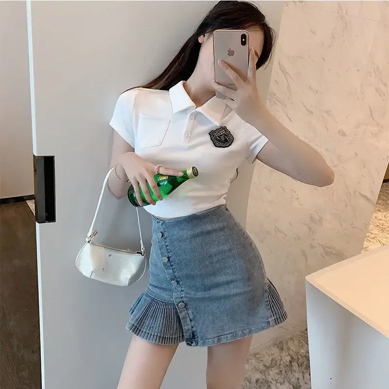 Short Sleeve Denim Mini Female Outfits Sexy Cotton Skirt Night Club Women\'s Two Piece Set Formal Event New Matching Occasion