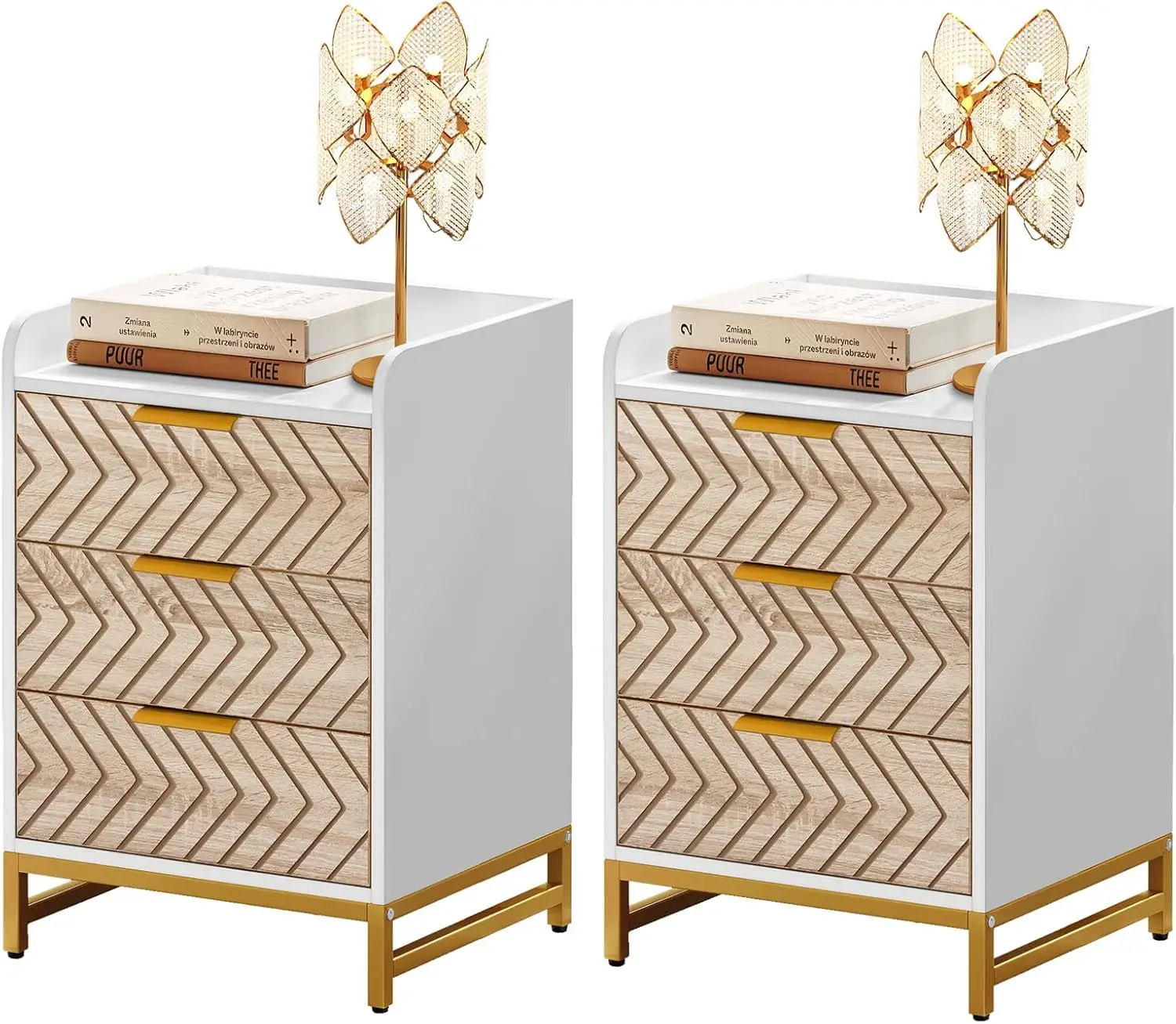 Nightstand with 3 Drawers, Modern Bedside Table with Chevron Design and Gold Metal Legs, Small End Side Table, Night Stands with